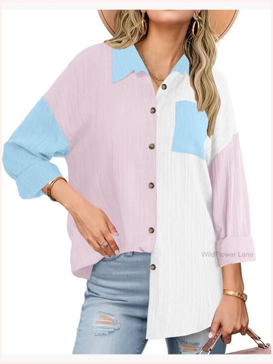Tops - Womens Button Down Shirt Long Sleeve Textured Collared Blouse Gauze Top Pocket